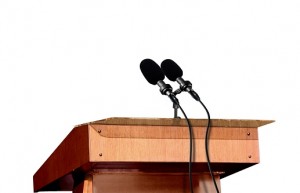 Microphones on the podium over white